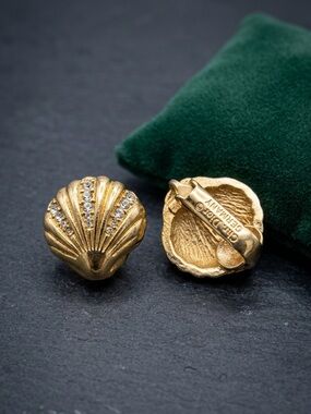 Vtg Christian Dior Germany Shell Earrings 18k Gold Plate Rhinestone Signed 80s